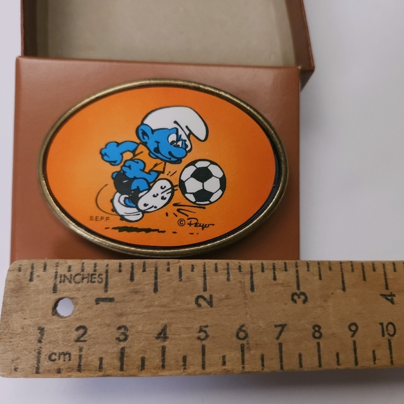 Smurfs Vintage 80s Soccer Orange Belt Buckle Oden NEW In Box - Picture 7 of 9